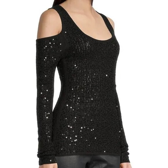 Donna Karan Sequin Knit Cold-Shoulder Sweater Black Size XS NWOT - Picture 1 of 10